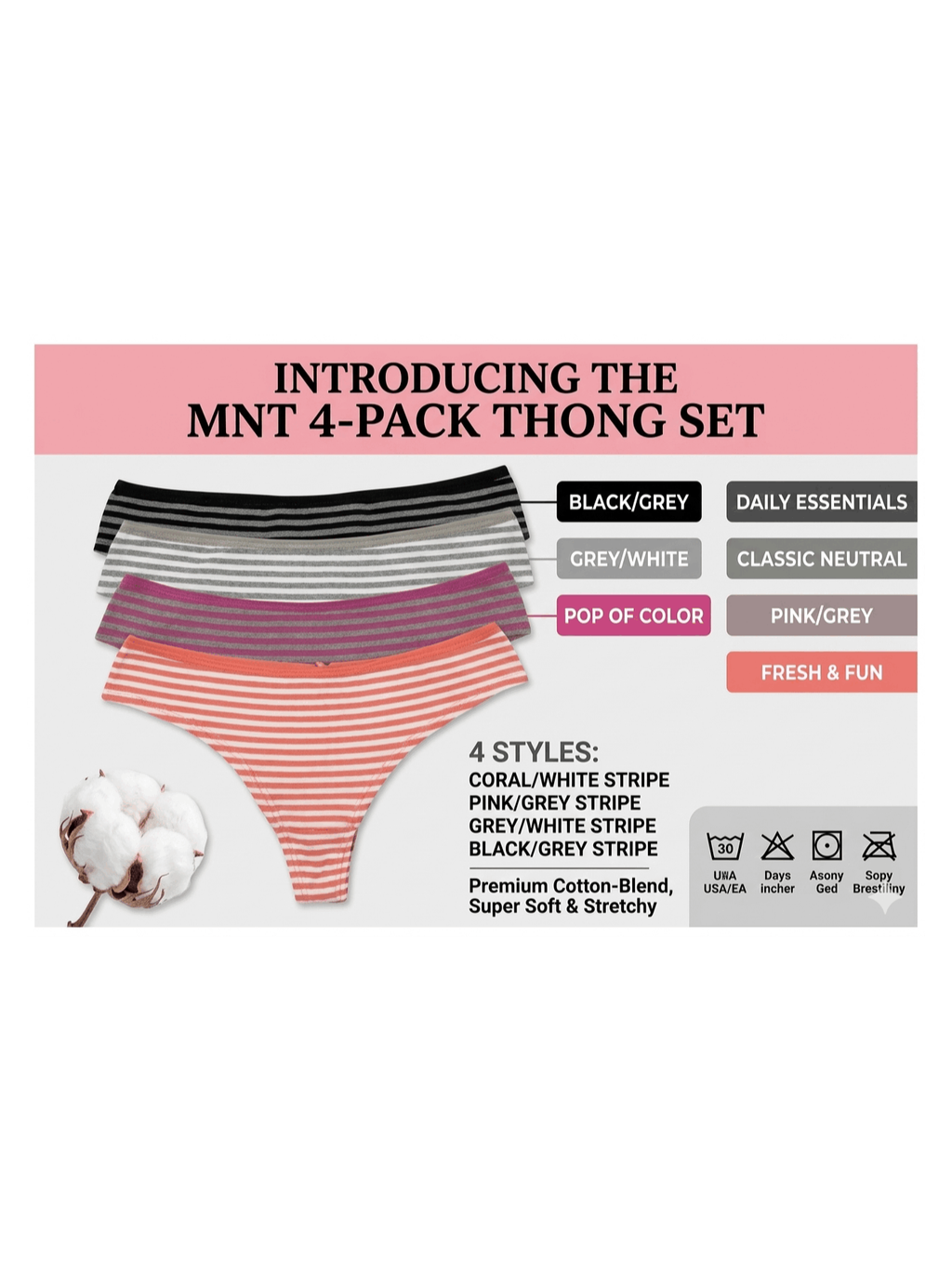 Women’s 4-Pack Cotton Thong Panties – Breathable Soft Stretch Low Rise G-String Underwear Set