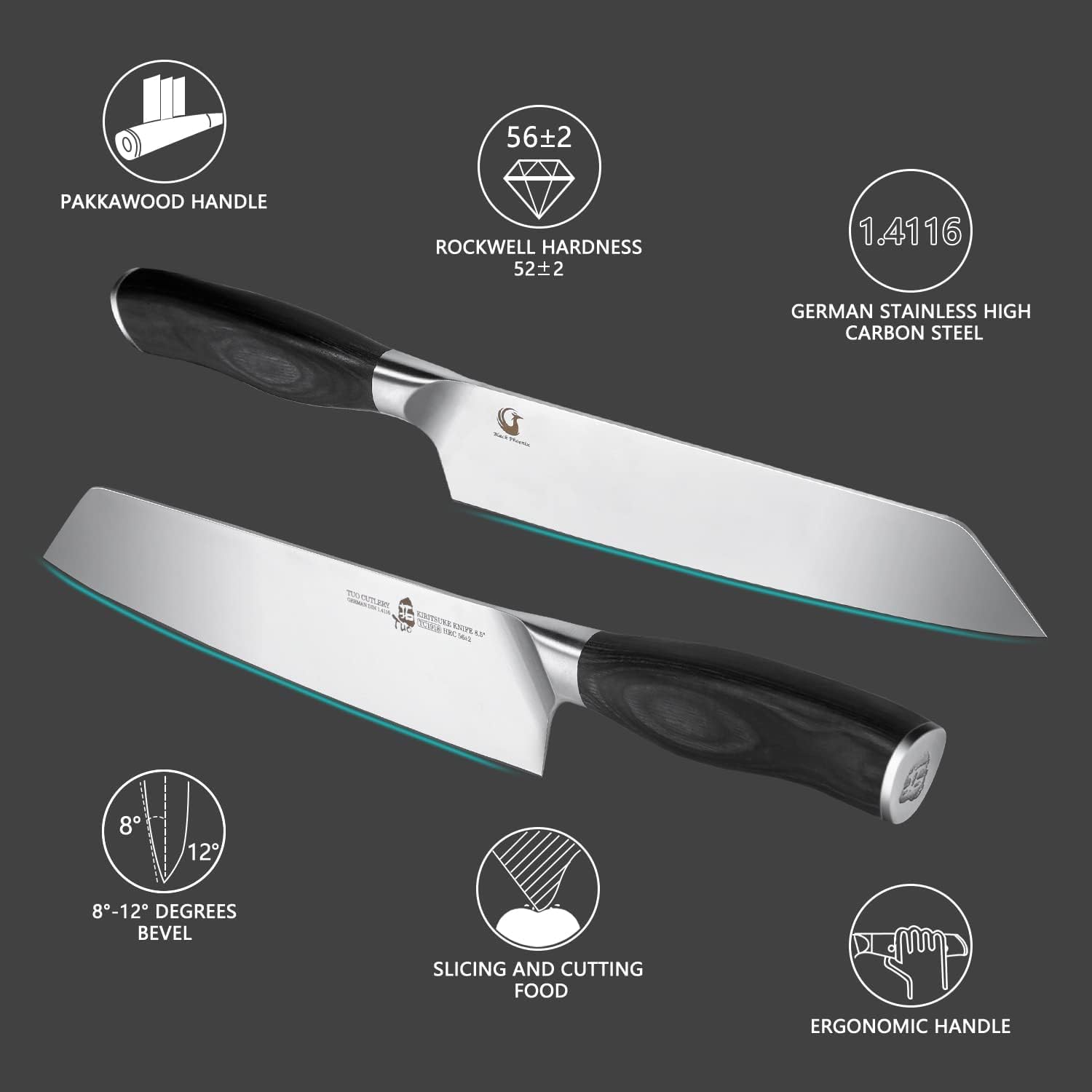 TUO Kiritsuke Knife 8.5 inch Vegetable Cleaver Kitchen Knife Ultra Sharp Knife, German High Carbon Stainless Steel, Ergonomic Pakkawood Handle Gift Box, Fiery Phoenix Series - Black