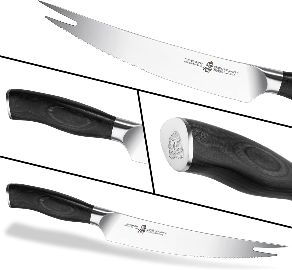 TUO BBQ Knife, 8 inch Roast Cutting Knife with Fork Tip for Grilled Meat Cutting, Serrated Edge, High Carbon German Steel, Comfortable Pakkawood Handle