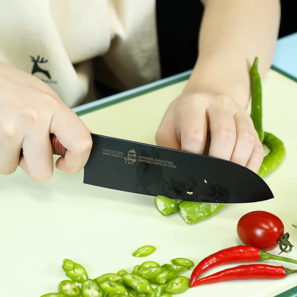 TUO Santoku Knife 5.5"- Asian Chefs Knife Japanese Cleaver Black Titanium Plated Blade Kitchen Small Knife - Japanese AUS-8 Stainless Steel Pakkawood Handle - Dark Knight Series with Sheath & Gift Box
