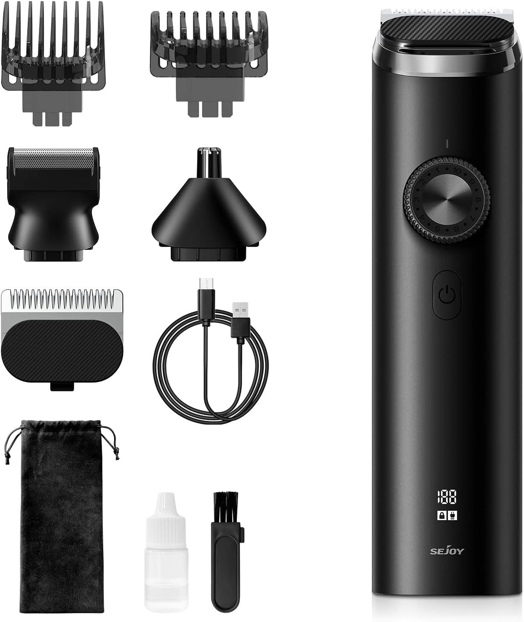 Sejoy Beard Clipper Men Cordless Hair Trimmer Waterproof Moustache Body Nose Ear Shaver Face Trimmer, All in 1 Grooming Kit, USB Rechargeable and LED Display