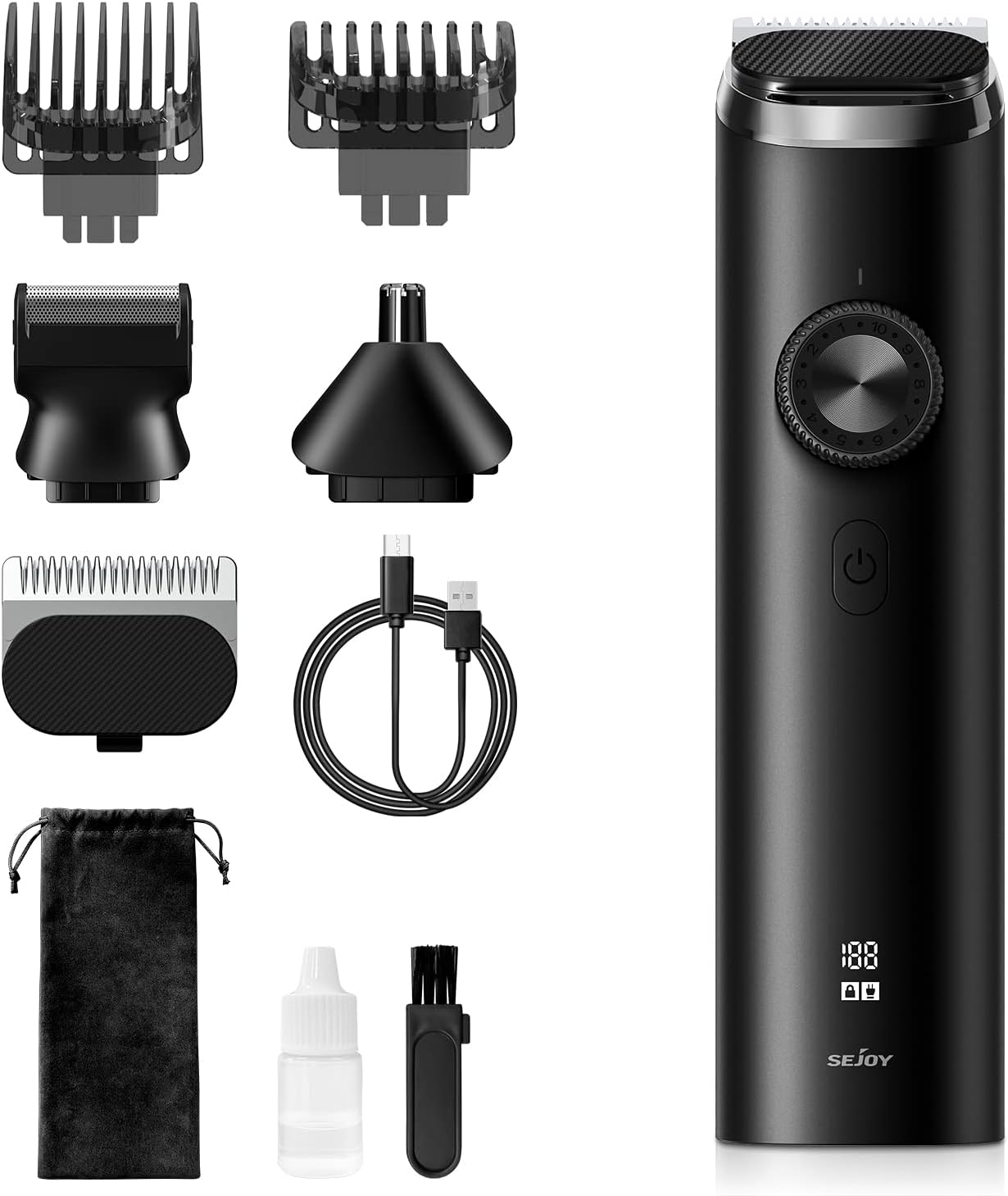 Sejoy Beard Clipper Men Cordless Hair Trimmer Waterproof Moustache Body Nose Ear Shaver Face Trimmer, All in 1 Grooming Kit, USB Rechargeable and LED Display