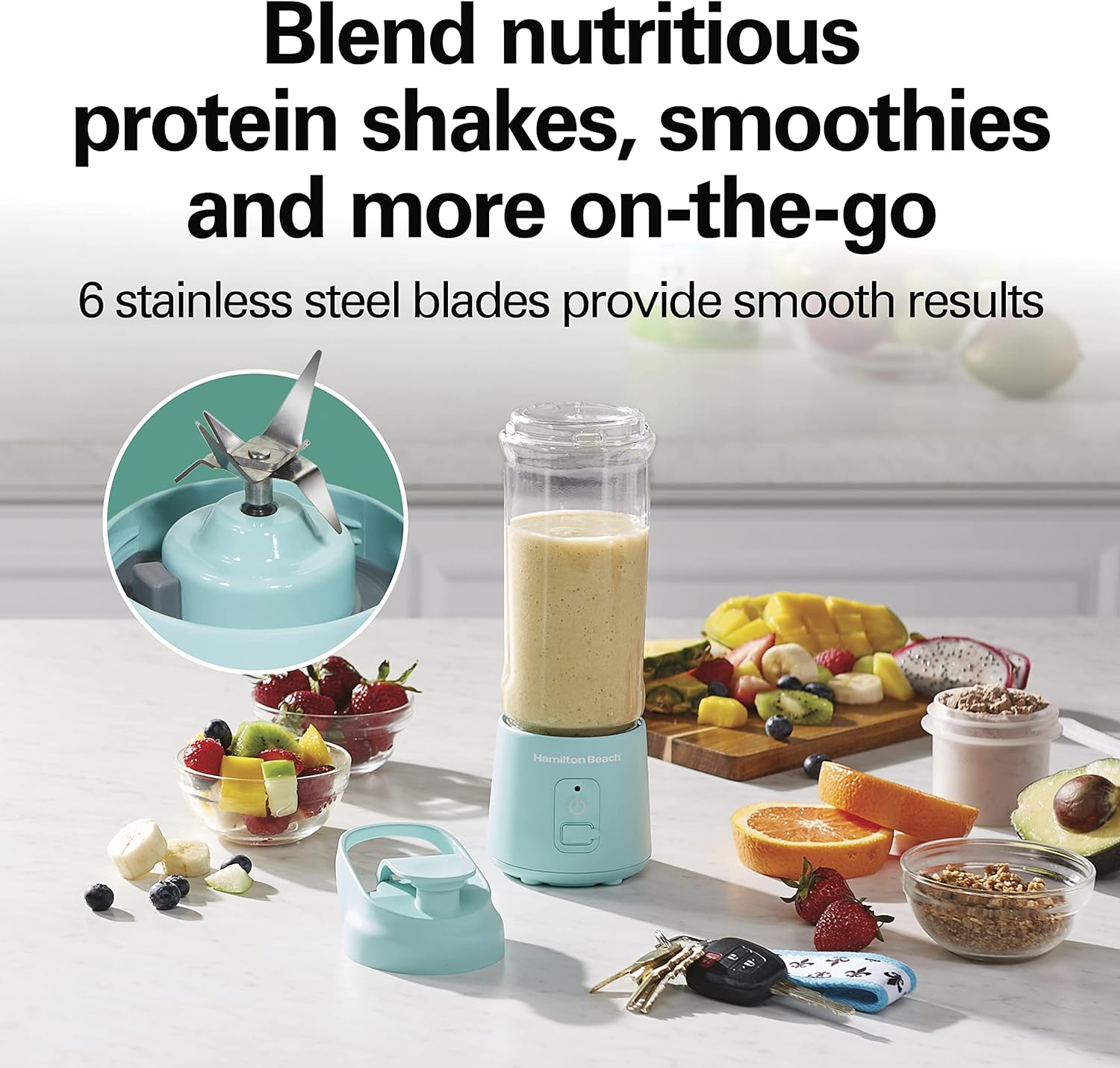 Hamilton Beach Blend Now Portable Cordless Blender with USB Rechargeable Battery, 16oz Travel Jar & Sip-Through Lid - Blue