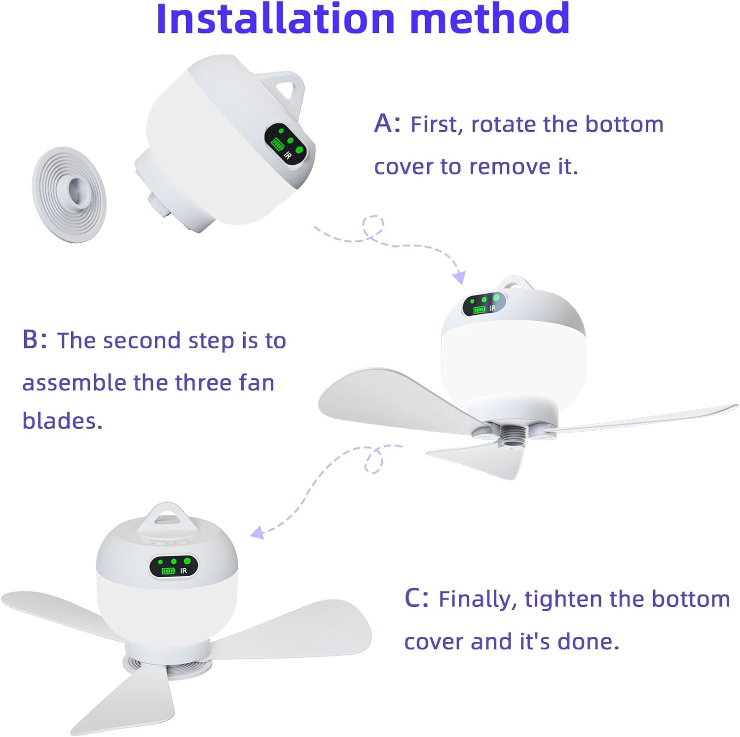 Small Portable Ceiling Fans with Remote Control, Outdoor Mini Tent Fan Rechargeable Camping Fan for Tents, 8000mAh Battery Powered Canopy Fan Light for Gazebo, Umbrella, Patio, RV