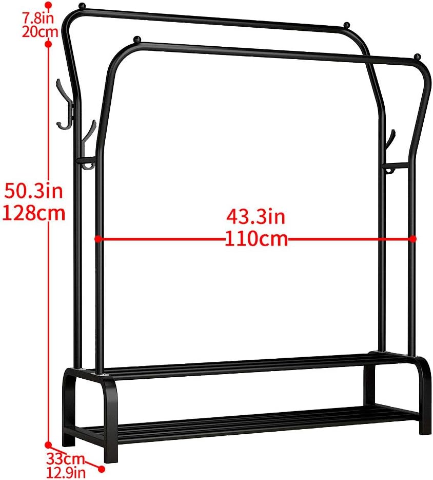 UDEAR Garment Rack Freestanding Hanger Double Rods Multi-functional Bedroom Clothing Rack, Double layer ，4 Hooks，Black