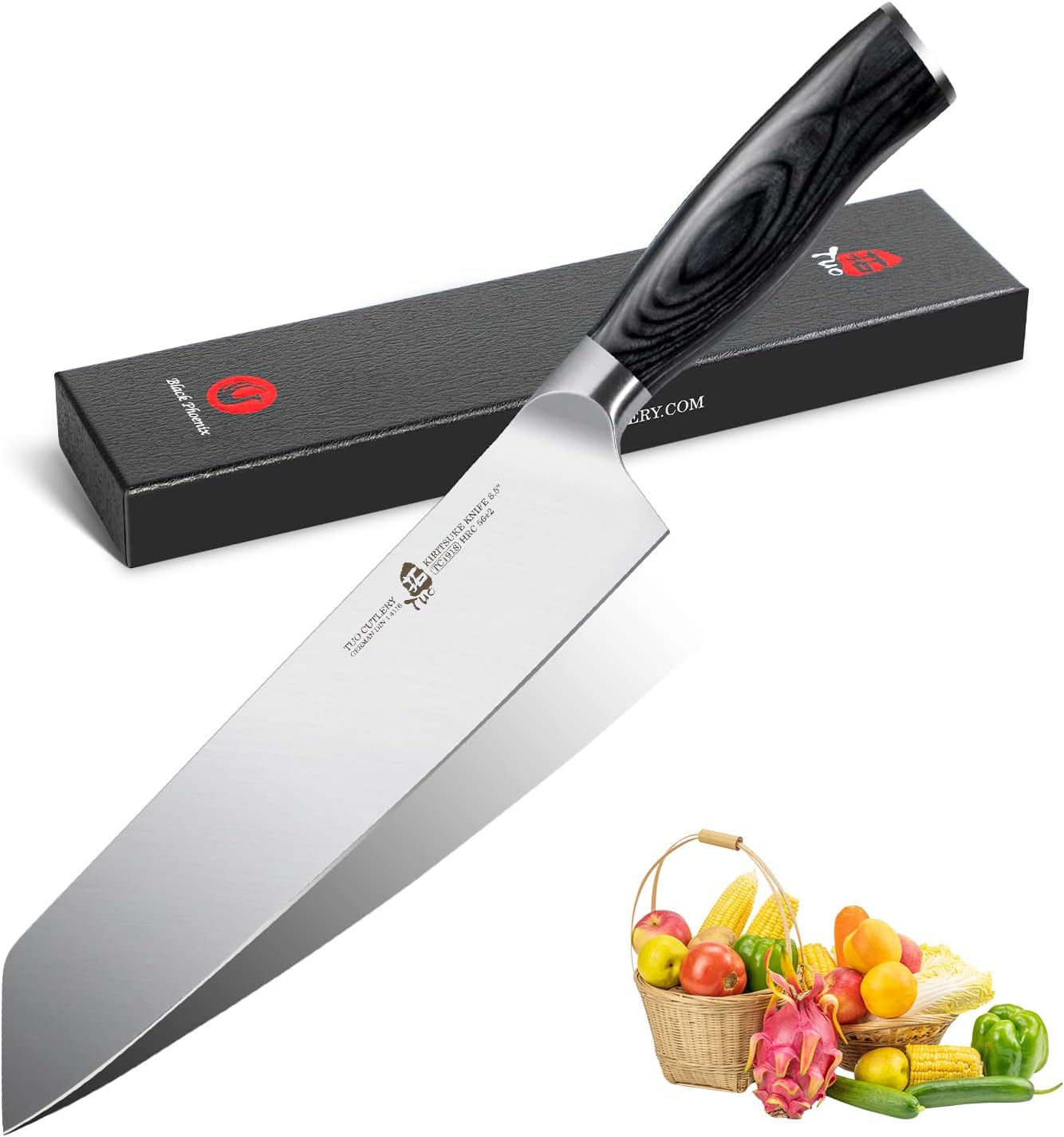 TUO Kiritsuke Knife 8.5 inch Vegetable Cleaver Kitchen Knife Ultra Sharp Knife, German High Carbon Stainless Steel, Ergonomic Pakkawood Handle Gift Box, Fiery Phoenix Series - Black