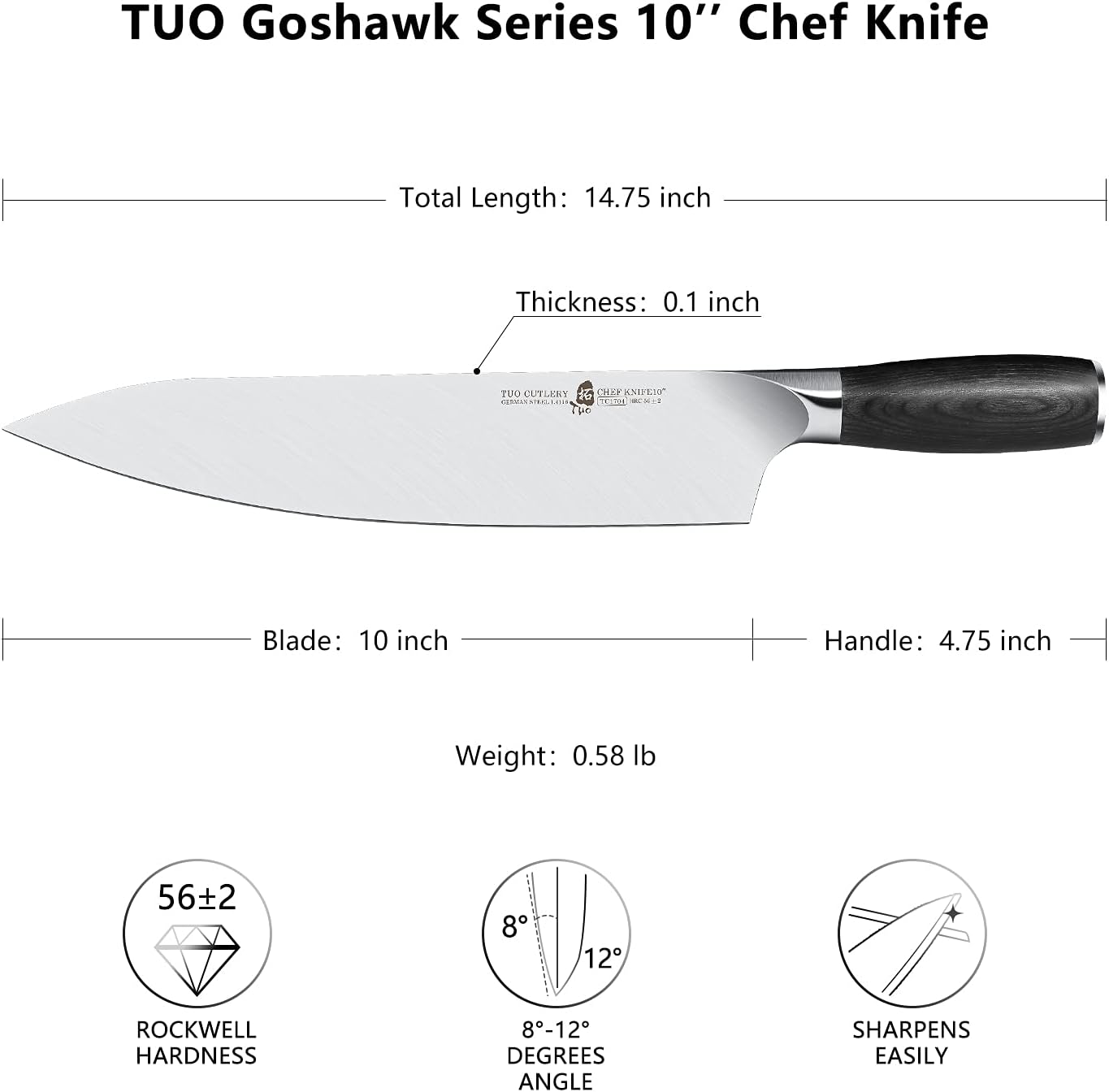 TUO 10 inch Chef Knife, Professional Kitchen Gyuto Knife, German HC Stainless Steel, Premium Pakkawood Handle, Full Tang, Gift Box Packaging, Goshawk Series