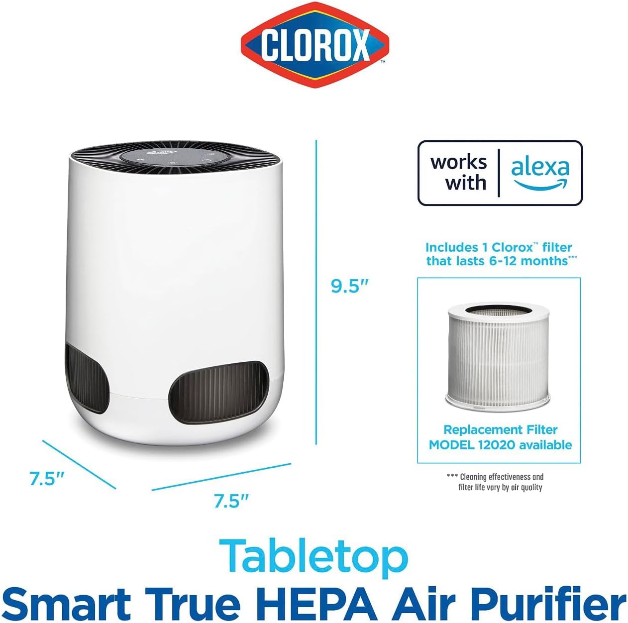 Clorox Smart Air Purifiers, True HEPA Filter, Works with Alexa, Small Rooms up to 200 Sq Ft, Removes 99.9% of Viruses, Wildfire Smoke, Mold, Allergies, Dust, AUTO Mode, Whisper Quiet