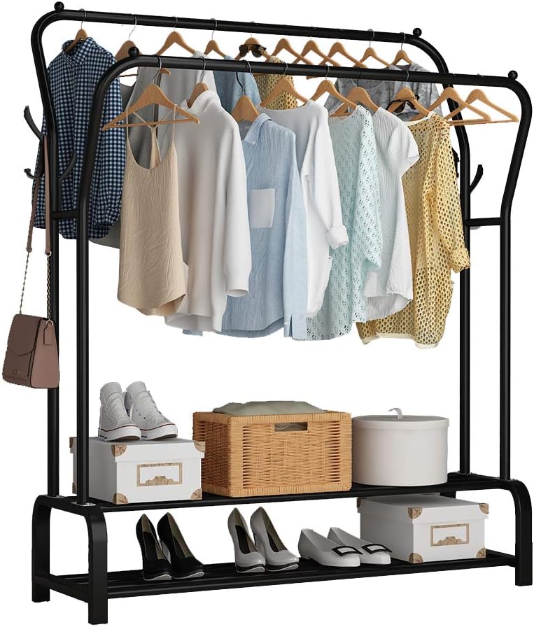 UDEAR Garment Rack Freestanding Hanger Double Rods Multi-functional Bedroom Clothing Rack, Double layer ，4 Hooks，Black