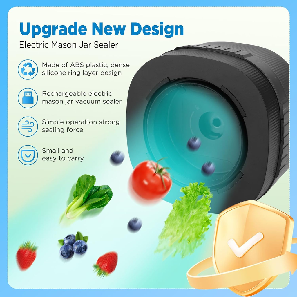 3-in-1 Rechargeable Electric Mason Jar Vacuum Sealer Kit for Regular and Wide Mouth Jars – Black