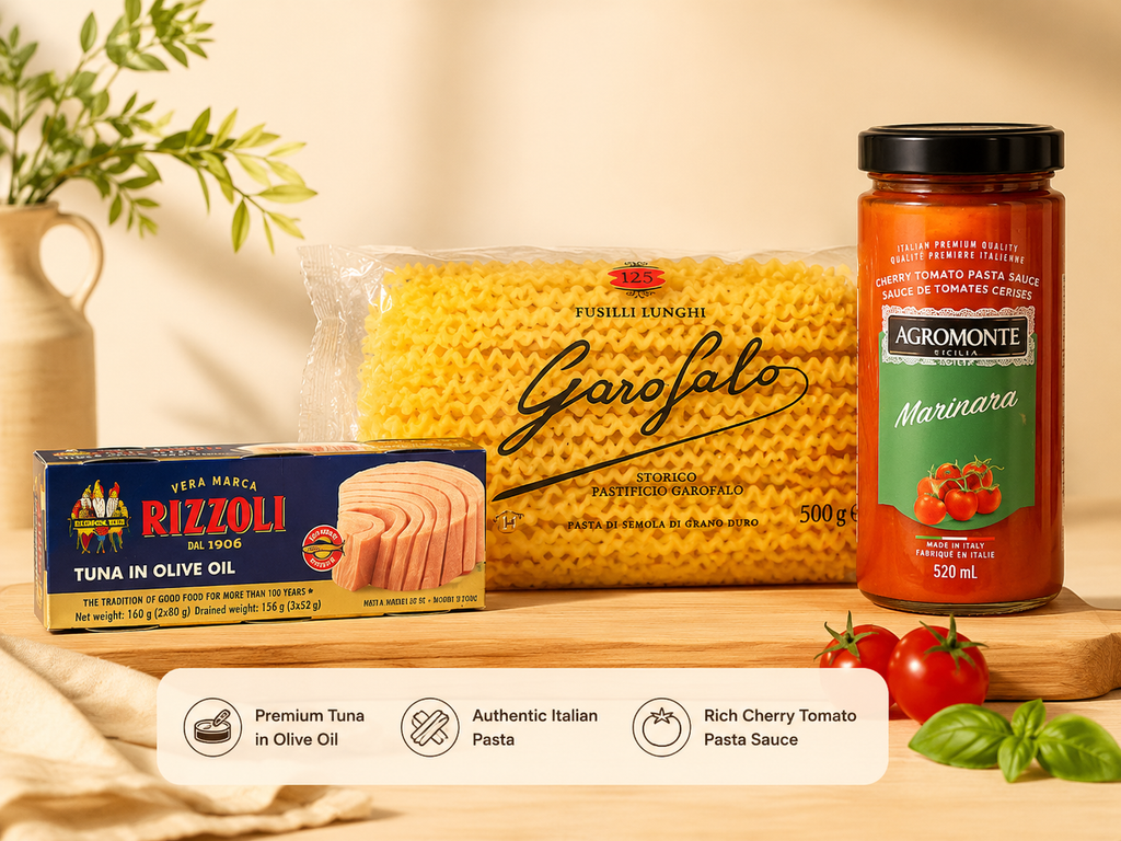 Italian Pasta Meal Kit Set – Fusilli Lunghi Pasta, Tuna in Olive Oil & Cherry Tomato Pasta Sauce, Easy Family Meal Bundle