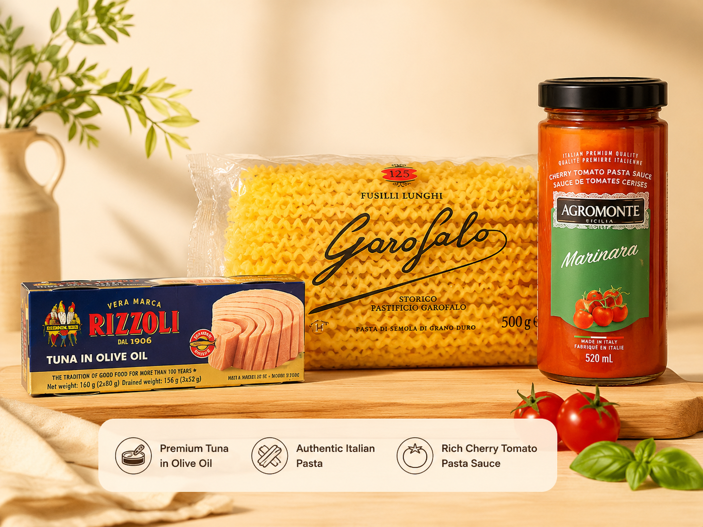 Italian Pasta Meal Kit Set – Fusilli Lunghi Pasta, Tuna in Olive Oil & Cherry Tomato Pasta Sauce, Easy Family Meal Bundle