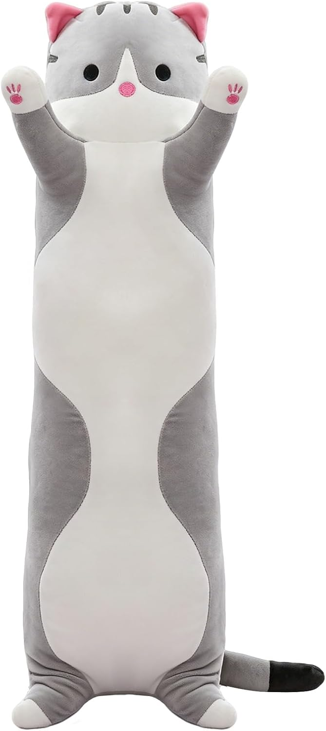 Long Cat Plush Body Pillow, Soft Stuffed Animal Cuddle Toy, 19.6 Inch, Gray or Pink