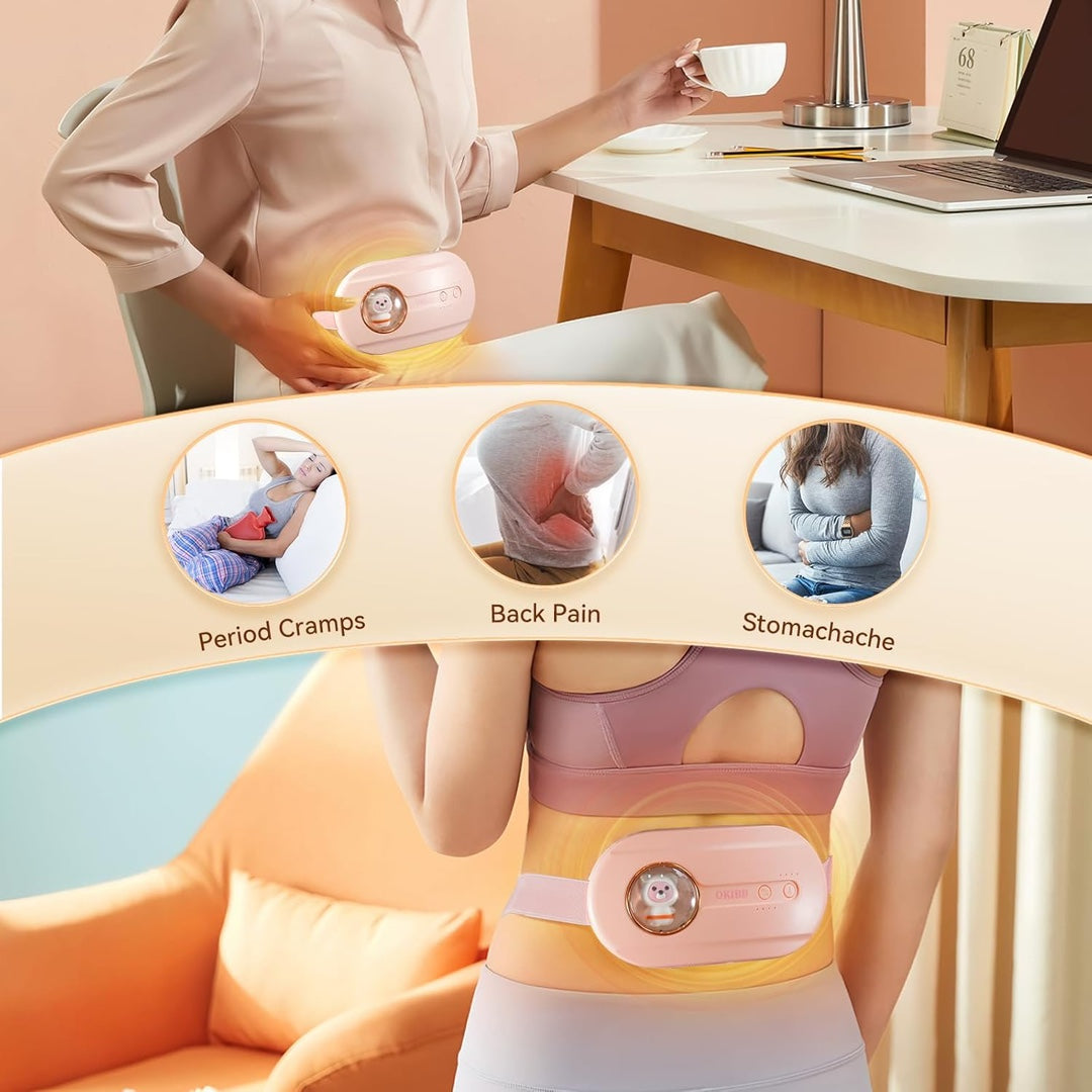 OKIBB Menstrual Heating Belt – Portable Heating & Vibration Massager for Period Cramps, 4 Heat Levels, 4 Massage Modes, Rechargeable 2500mAh USB-C Waist Heating Pad