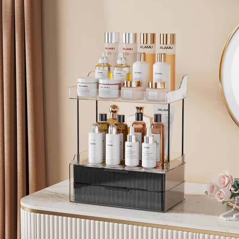 2-Tier Makeup Organizer with Drawers – Large Capacity Bathroom Counter Organizer, Skincare & Cosmetic Storage Display Stand