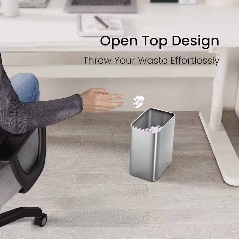 Modern Stainless Steel Bathroom Trash Can – Small Metal Waste Basket for Bedroom, Office, Kitchen (Silver / White)