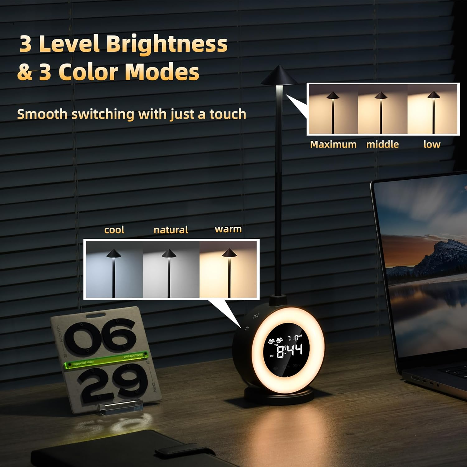 RGB LED Desk Lamp with Digital Clock, Ambient Night Light & Adjustable Brightness Touch Control Lamp