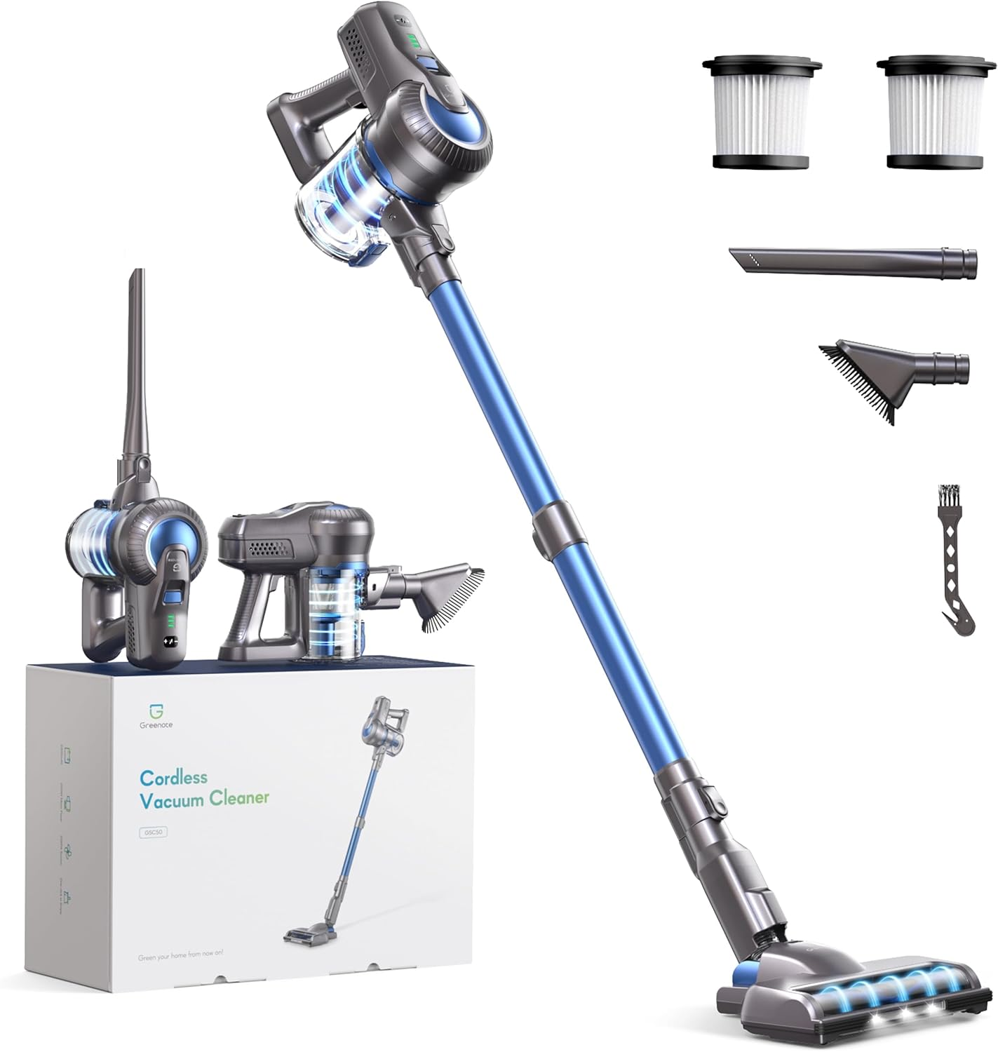 Greenote Cordless Vacuum Cleaner, 6 in 1 Lightweight Vacuum Cleaners, 22KPA 200W Stick Vacuum Cleaner Self-Standing Aspirateur with LED Floor Brush Cordless Vacuums for Hardwood, Floor Carpet