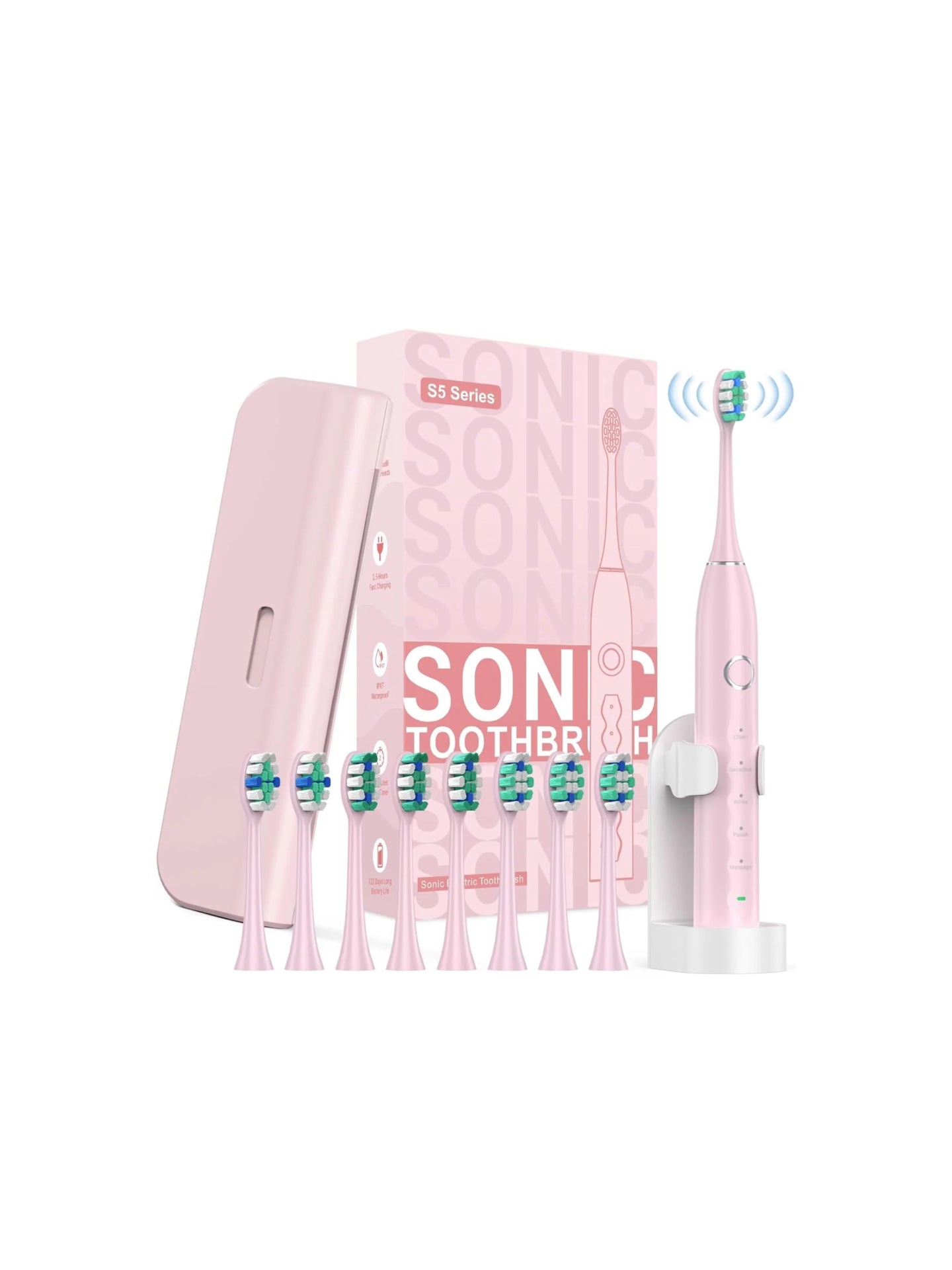 S5 Electric Toothbrush Sonic Rechargeable Toothbrush with 5 Modes 40000 Vibrations Timer Waterproof with 8 Brush Heads