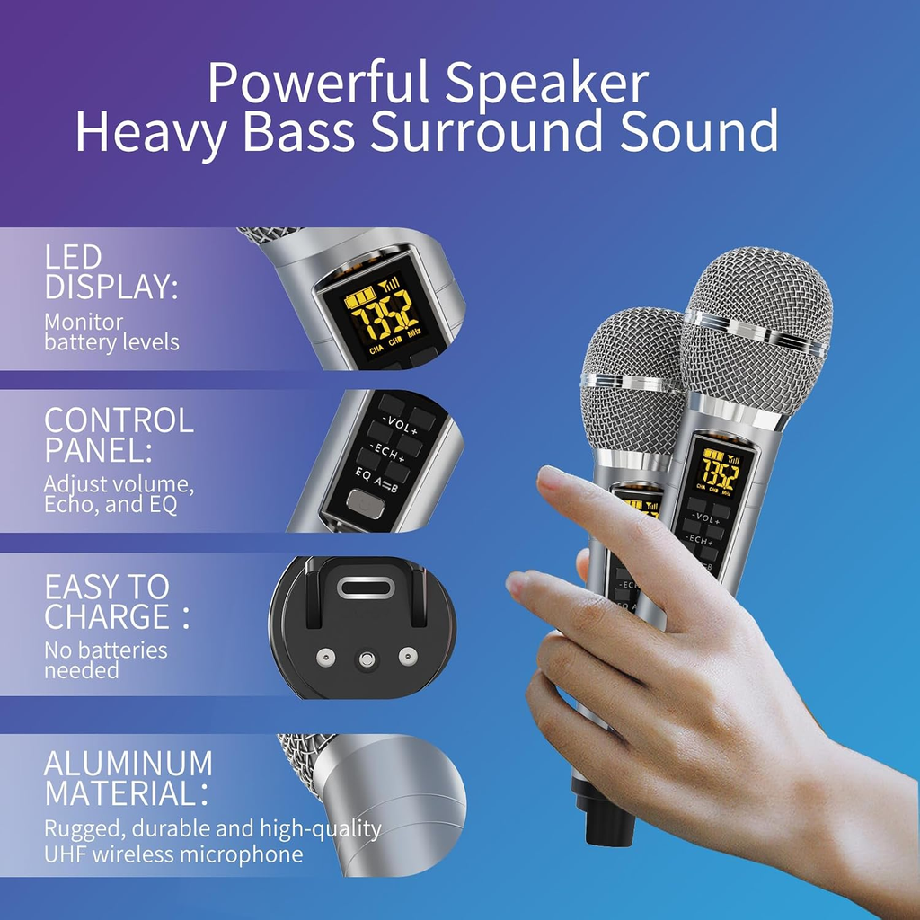 Portable Bluetooth Karaoke Machine with 2 UHF Wireless Microphones, LED Party Lights and Phone Holder – Grey