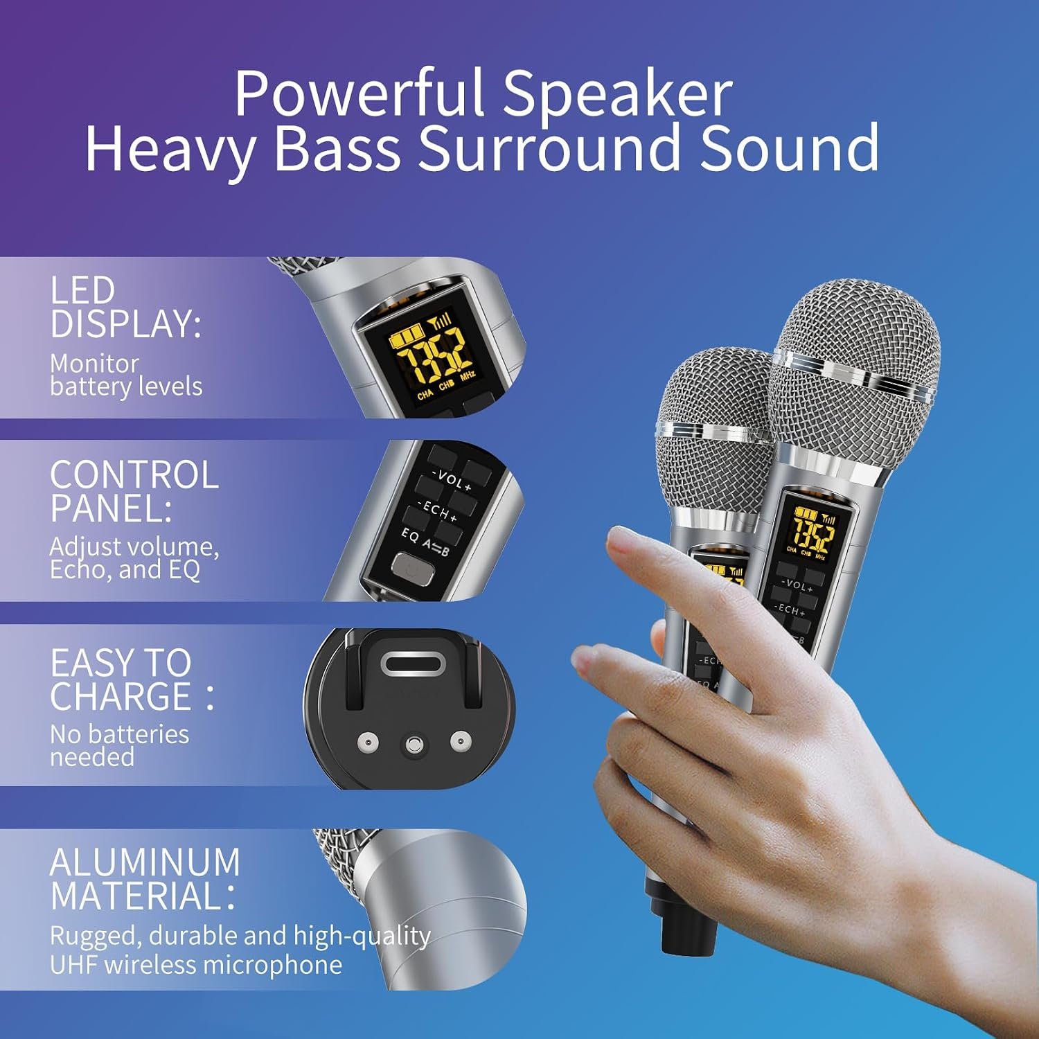 Portable Bluetooth Karaoke Machine with 2 UHF Wireless Microphones, LED Party Lights and Phone Holder – Grey