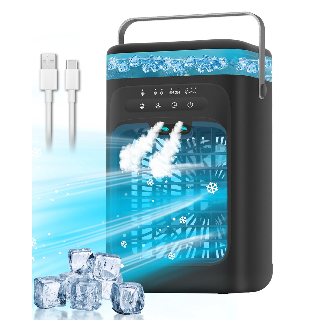 Portable 4-in-1 Evaporative Air Cooler with 3 Fan Speeds, Dual Mist Modes, LED Light and Timer – Black