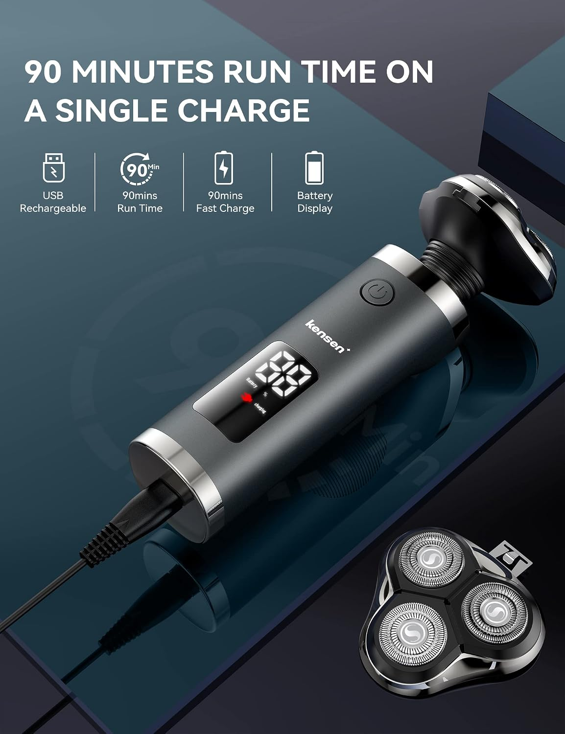 KENSEN Men's Rechargeable Rotary Electric Shaver – Wet & Dry, IPX6 Water-Resistant, LED Display