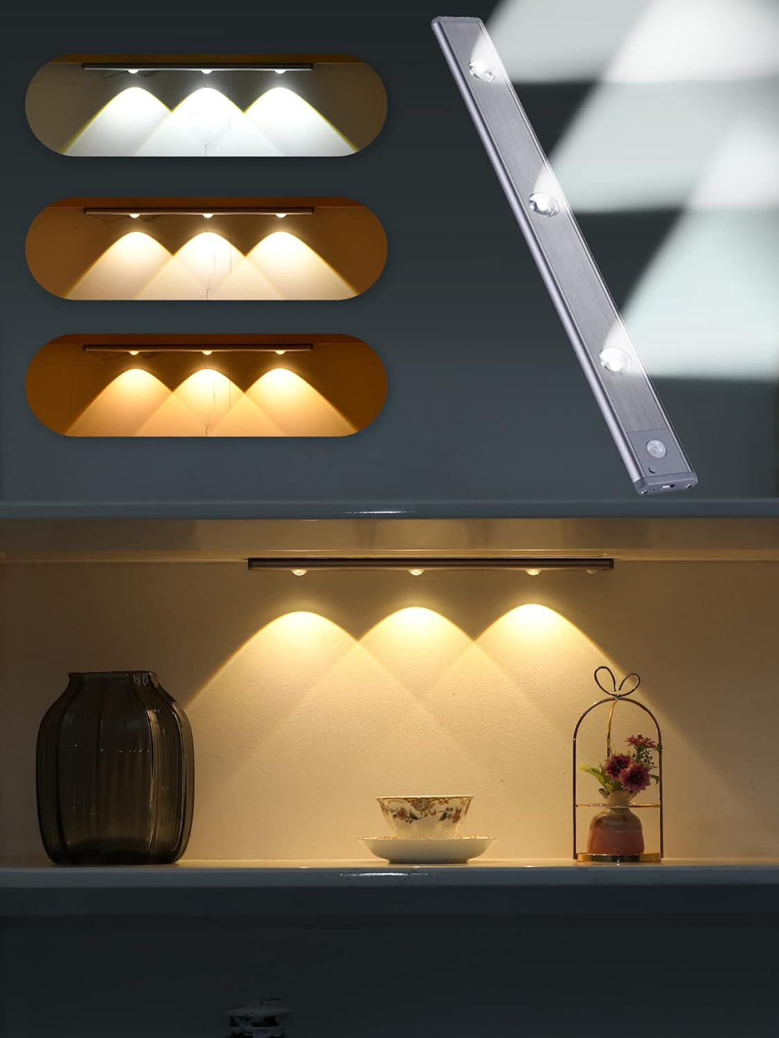 3 Color Dimmable Motion Sensor Under Cabinet Lights Wireless,1500mAh Rechargeable Battery Operated LED Closet Light Bar, Stick on Anywhere Under Cabinet Lighting for Kitchen, Stair, Wardrobe,15.35"
