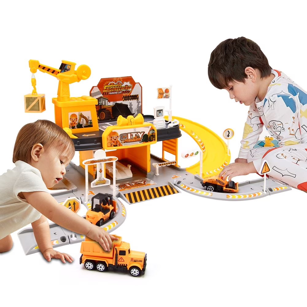 Construction Vehicle Parking Garage Playset with 3 Metal Cars, Track Ramp Building Set, Light & Sound Toy, Ages 3+