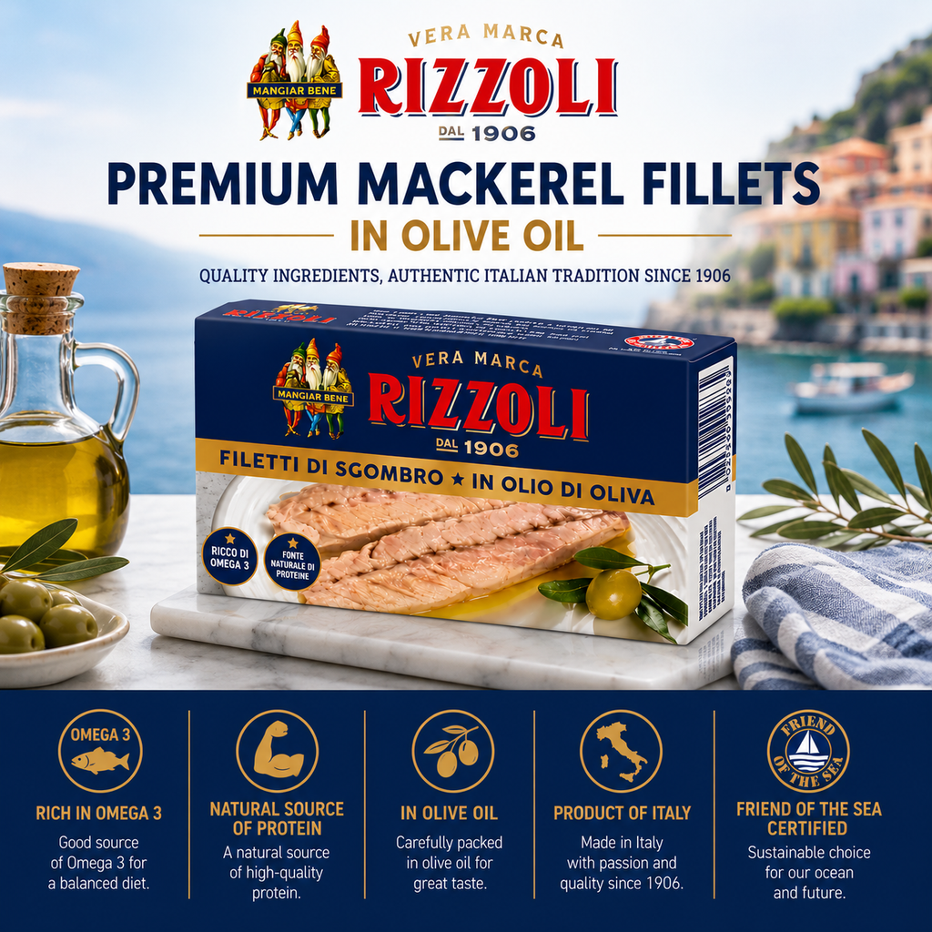 Rizzoli Mackerel Fillets in Olive Oil, 2-Pack Imported Italian Mackerel Fillets, Ready to Eat Canned Seafood