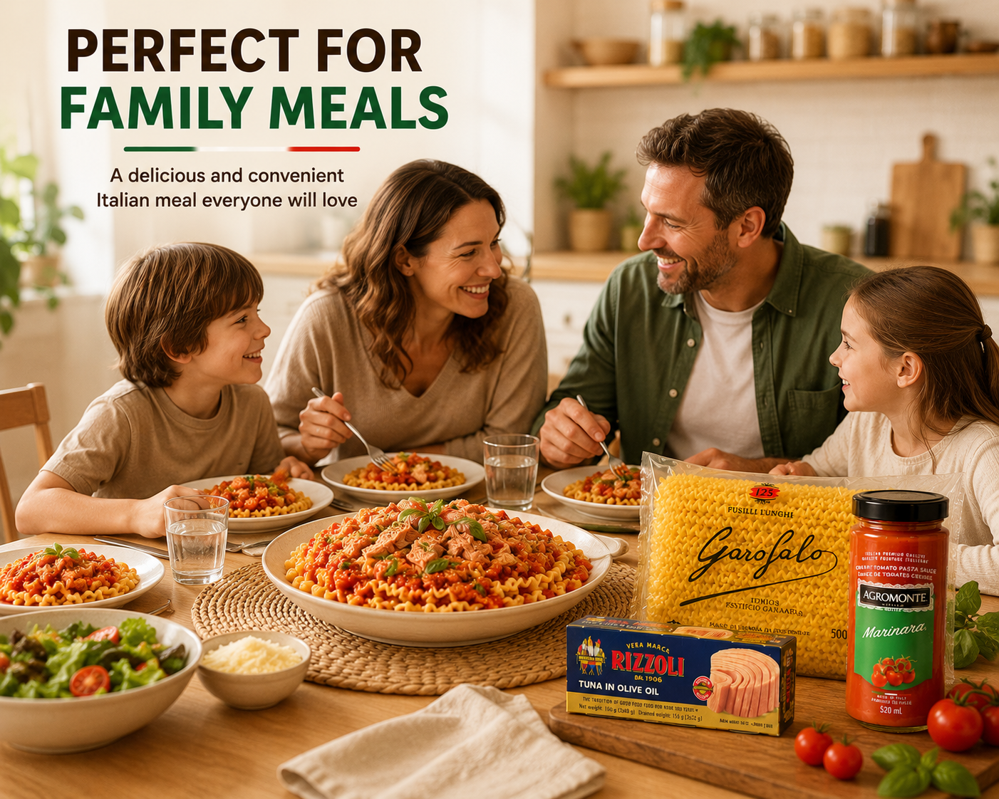 Italian Pasta Meal Kit Set – Fusilli Lunghi Pasta, Tuna in Olive Oil & Cherry Tomato Pasta Sauce, Easy Family Meal Bundle