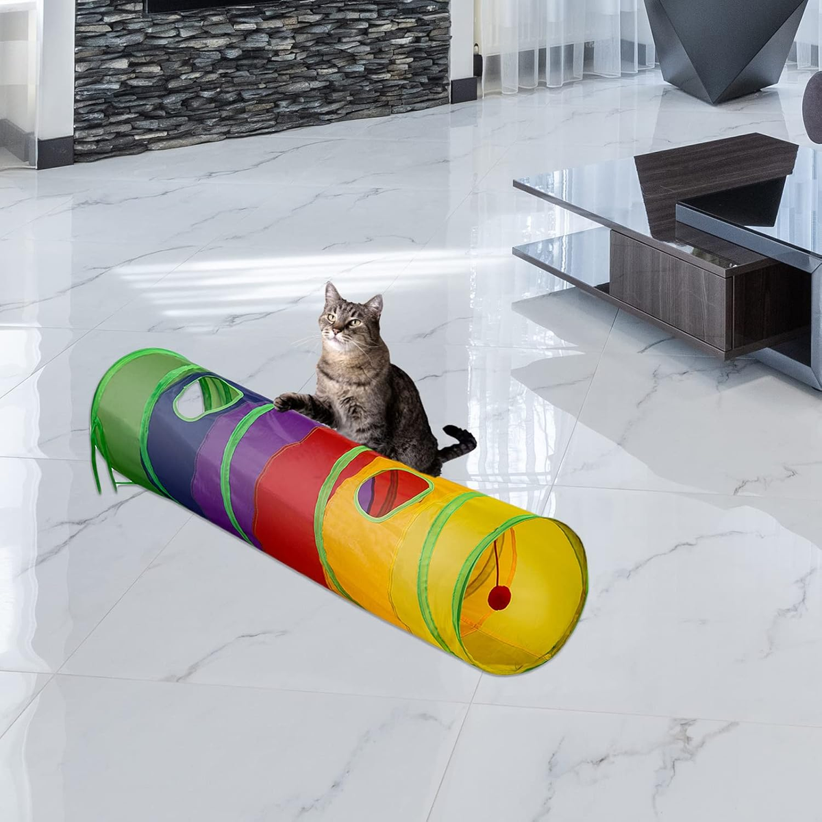 Rainbow Collapsible Cat Tunnel with Hanging Ball – 120 cm Play Tunnel