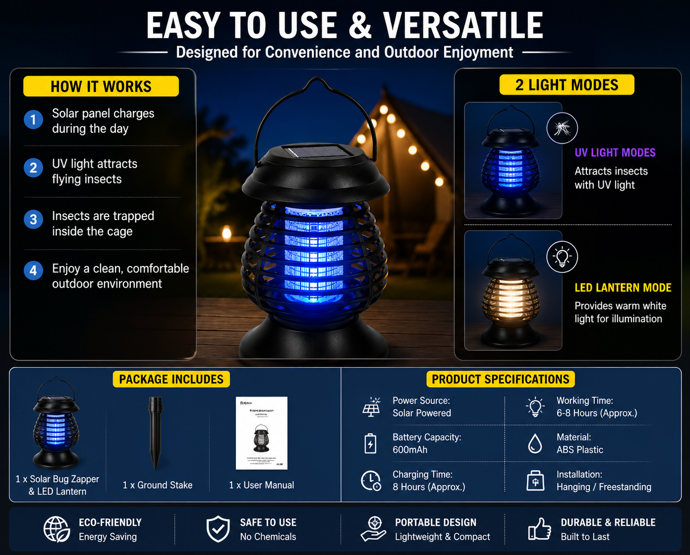 2-in-1 Solar Powered UV Lantern & Rechargeable Outdoor Camping Light