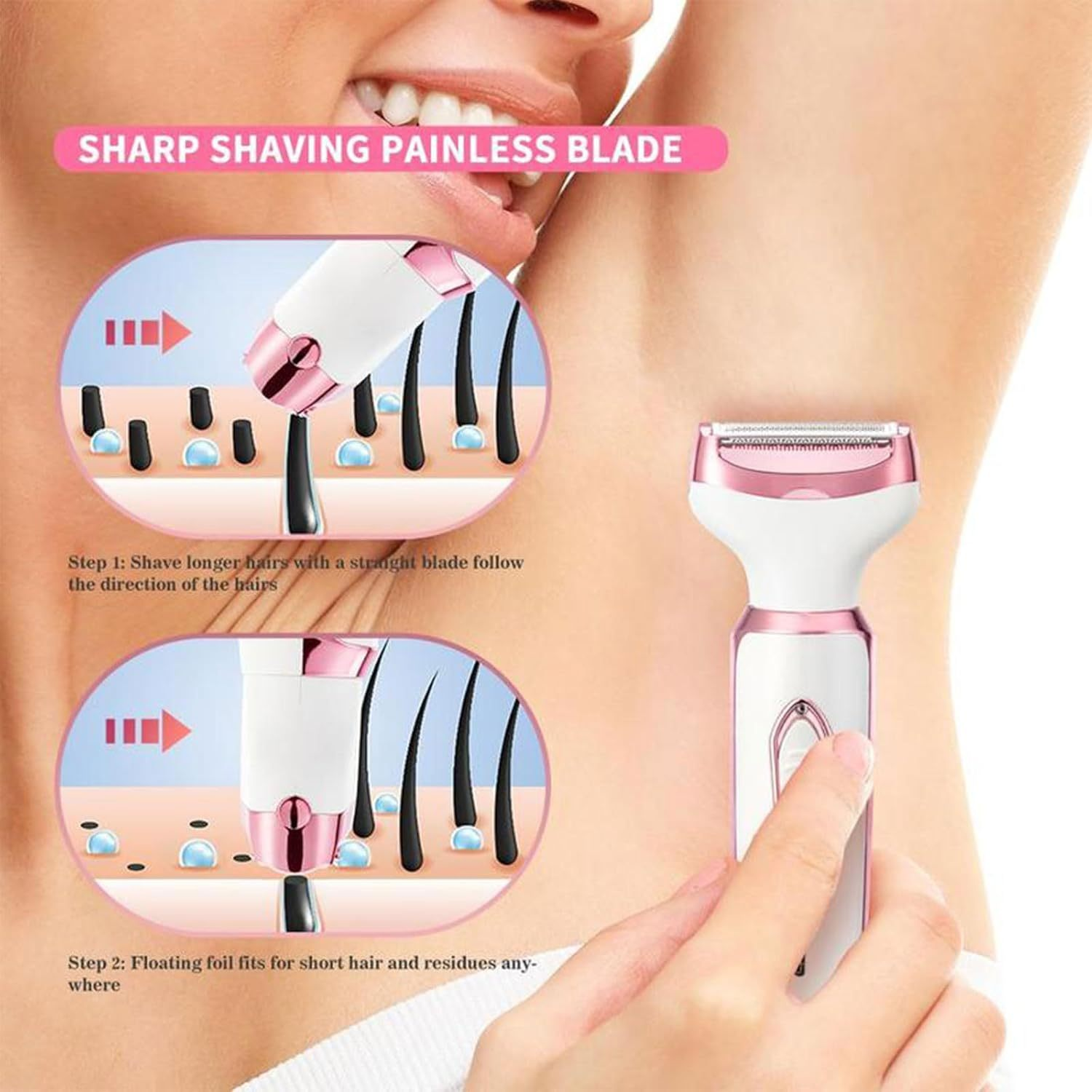 Elorixa Shaver, Smooth Shave Pro for Women, Eviay Premium Shaver, Elorixa Electric Shaver Women, 4 in 1 Hair Trimmer Women, Wet & Dry Use, for Armpit, Private Parts, Legs, Arms (Pink)