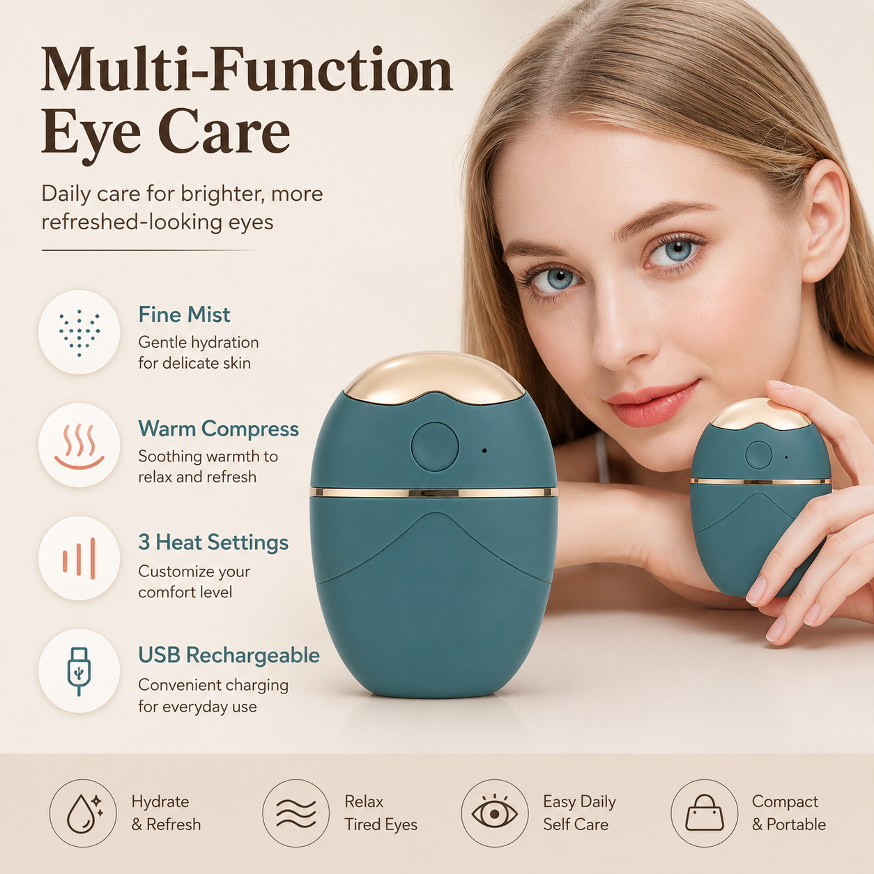 Portable Multi-Function Eye Care Device with Fine Mist, Warm Compress, 3 Heat Settings and USB Rechargeable Design