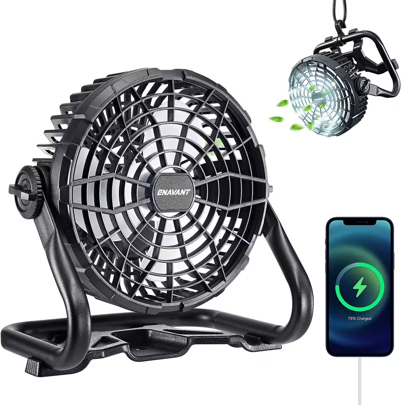 8-Inch Rechargeable Portable Camping Fan with LED Light, Hanging Hook and Adjustable Airflow