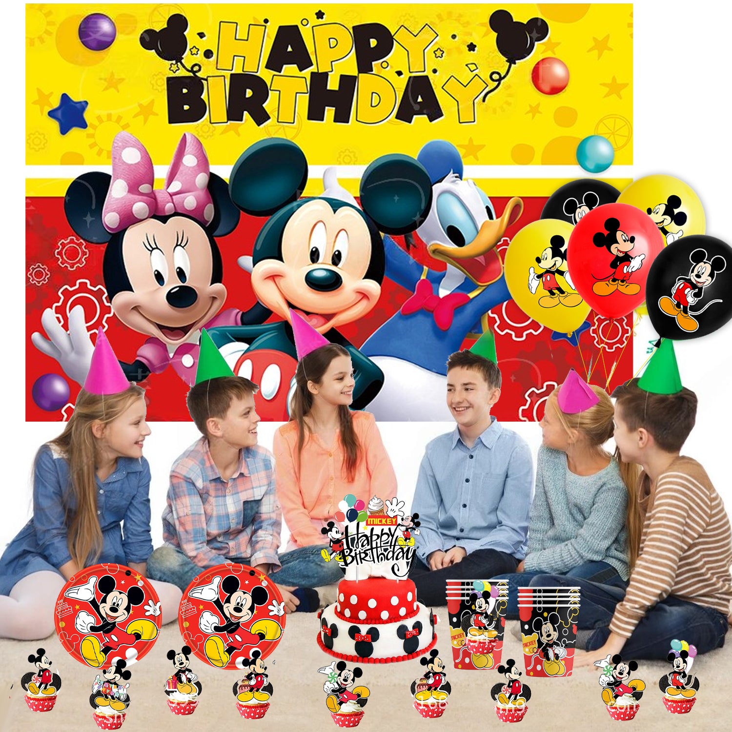 Classic Cartoon Mouse Theme Birthday Party Decorations Set – Kids Party Supplies with Banner, Balloons, Tableware & Cake Toppers (Red & Black Style)