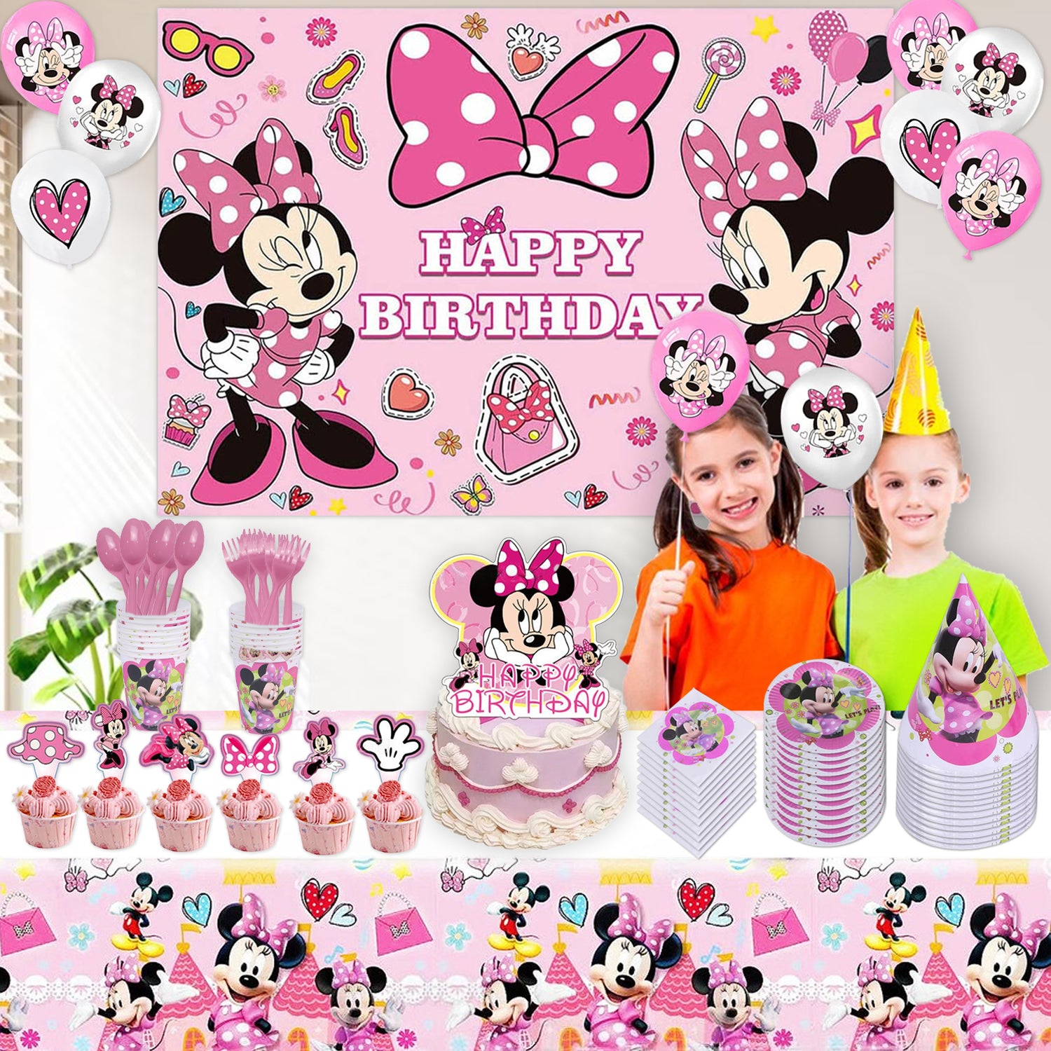 Pink Cartoon Bow Theme Birthday Party Decorations Set – Kids Girls Party Supplies with Banner, Balloons, Tableware & Cake Toppers