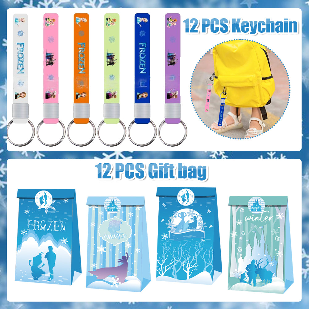 Winter Princess Theme Party Decorations Set – Kids Birthday Supplies with Gift Bags, Bracelets, Keychains, Stickers & Badges (Blue Snowflake Style)