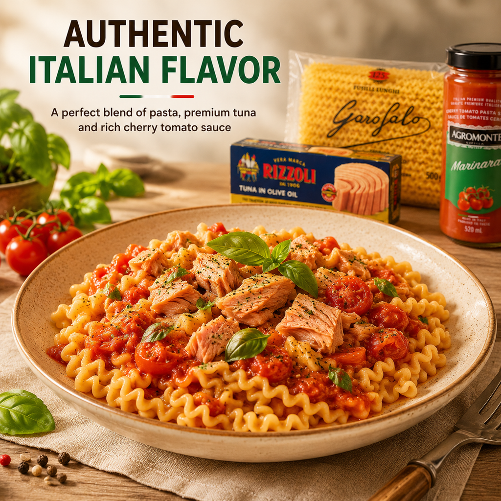 Italian Pasta Meal Kit Set – Fusilli Lunghi Pasta, Tuna in Olive Oil & Cherry Tomato Pasta Sauce, Easy Family Meal Bundle