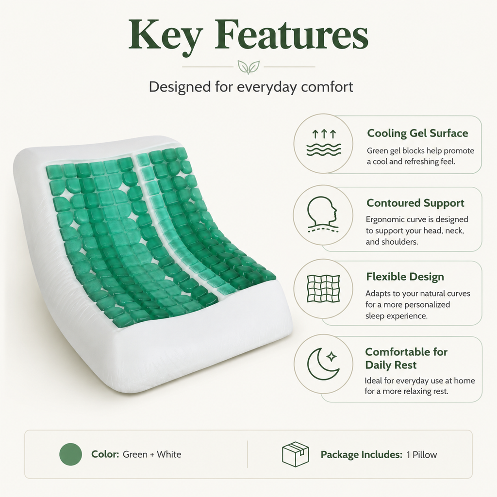 Cooling Gel Contoured Pillow with Flexible Gel Grid, Cushioned Support for Bed and Everyday Rest, Green and White, 66 × 40 × 11 cm