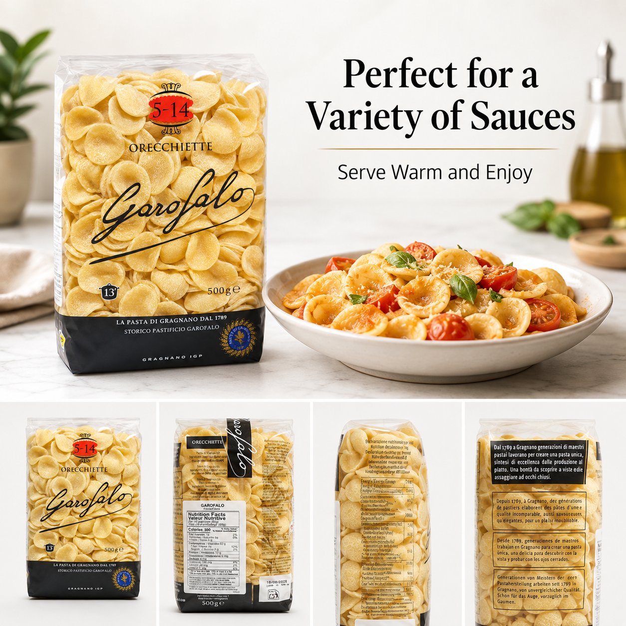 Garofalo Orecchiette Pasta 500g x 2 Packs – Cup-Shaped Durum Wheat Pasta, 13-Minute Cooking Time