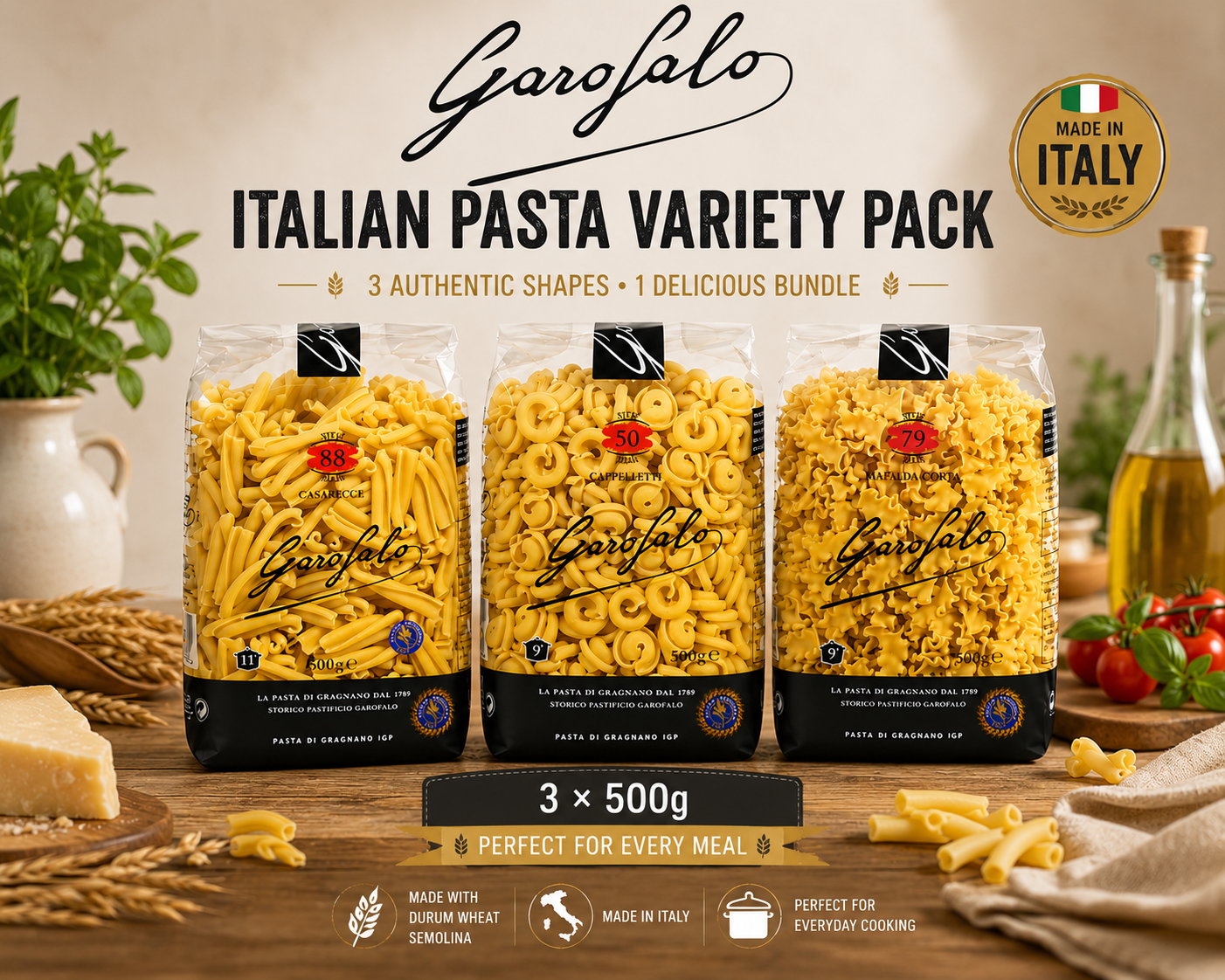 Garofalo Italian Pasta Variety Pack – No. 50 Cappelletti, No. 79 Mafalda Corta & No. 88 Casarecce, 3-Pack Durum Wheat Semolina Pasta, Imported Italian Pasta Selection
