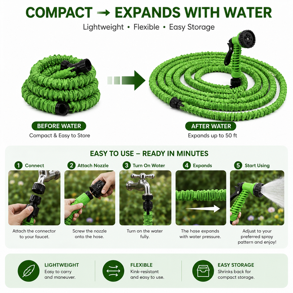 Expandable Garden Hose with 7-Pattern Spray Nozzle, Flexible Lightweight Water Hose with Storage Bag, 50 ft