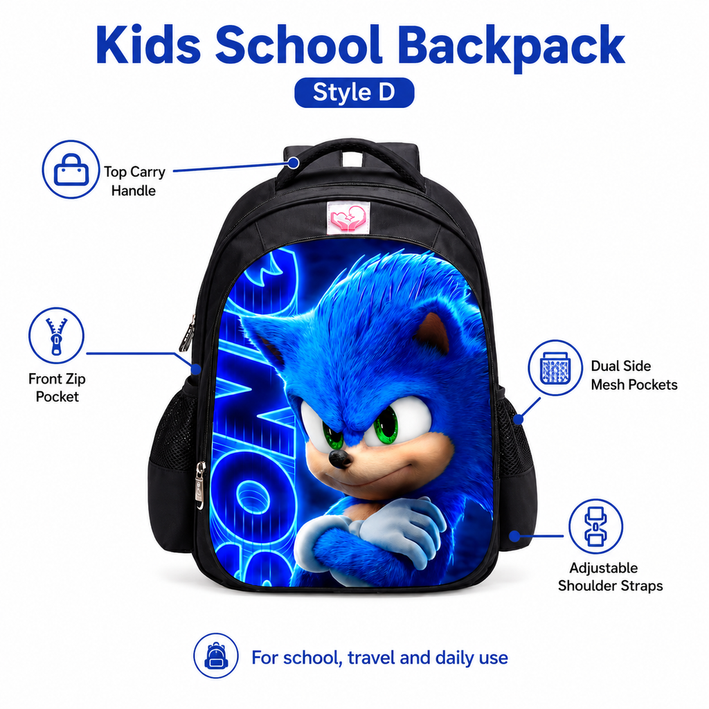 Kids School Backpack, Cartoon Character Print Bookbag with Front Zip Pocket and Dual Side Mesh Pockets, 16.5 x 12.6 x 6.7 in, Style D