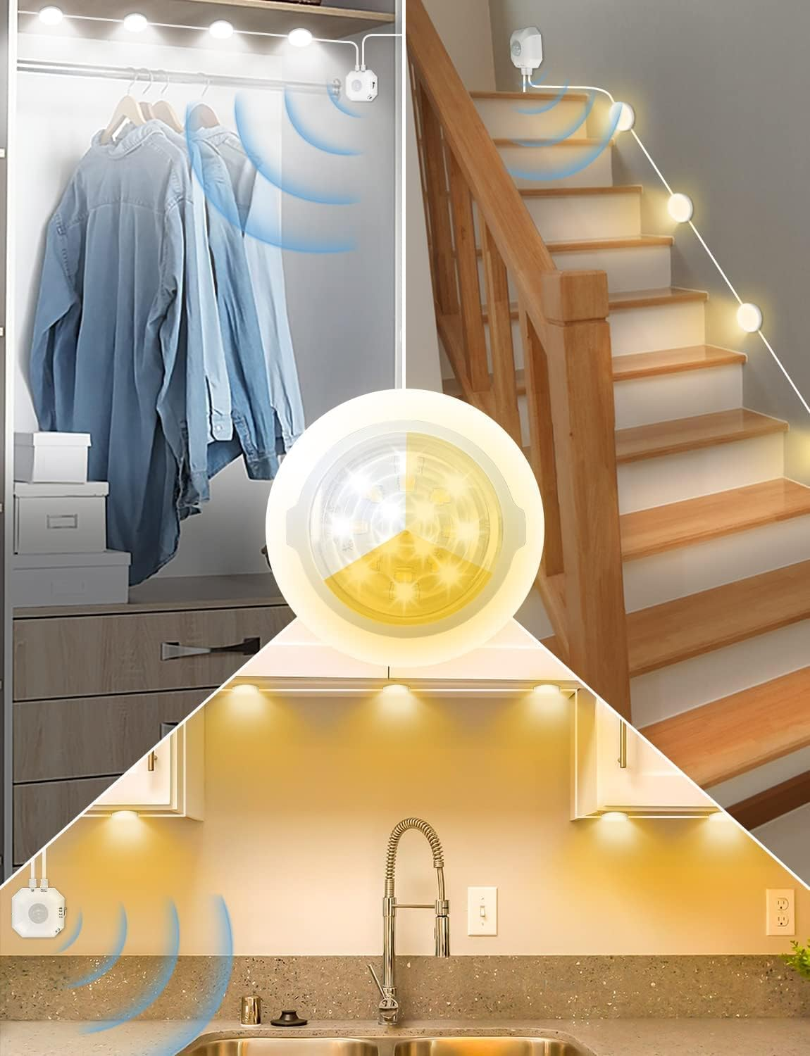 8-Pack LED Under-Cabinet Puck Lights with Motion Sensor, USB-Powered Cabinet and Closet Lighting, 3 Colour Modes, White