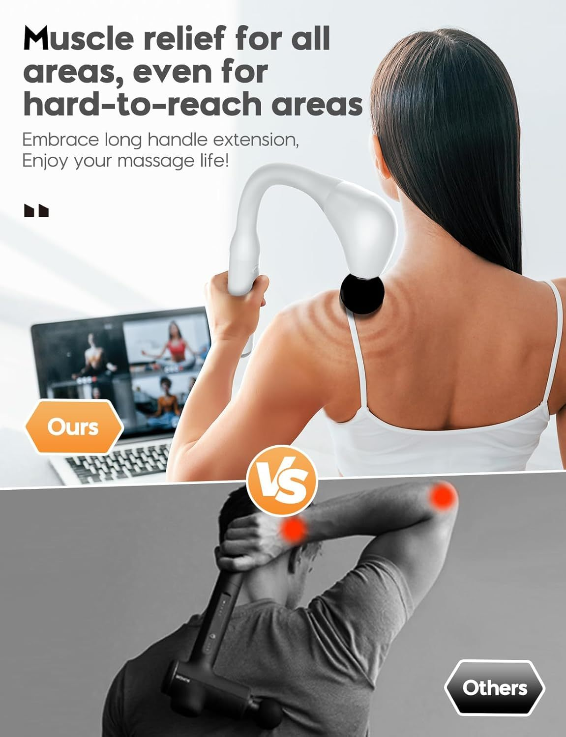 Deep Tissue Massage Gun with Extended Handle – Portable Muscle Massager for Neck, Back and Full Body Relief