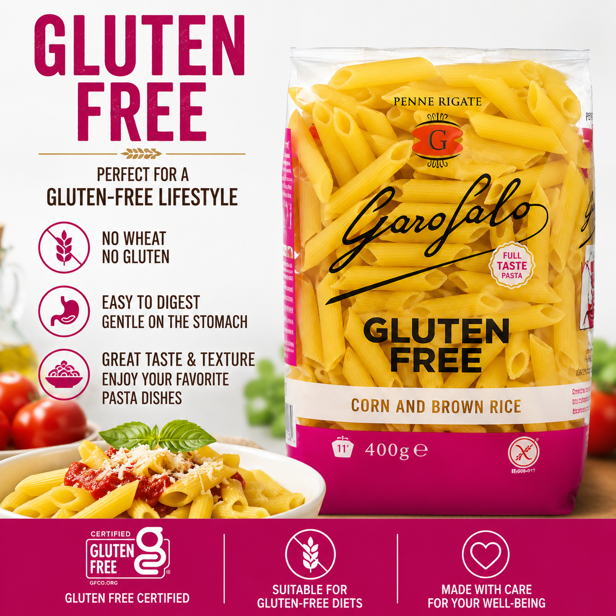 Gluten Free Penne Rigate #70 Pasta, Italian Style Tube Pasta, 2-Pack, 500g Each