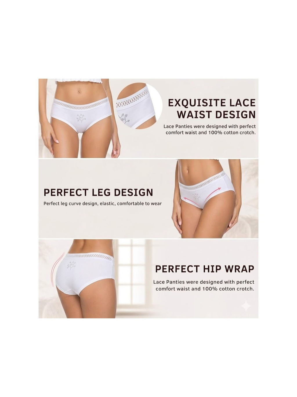 Women’s 100% Cotton Hipster Panties 2-Pack – Lace Waist Soft Comfortable Everyday Underwear