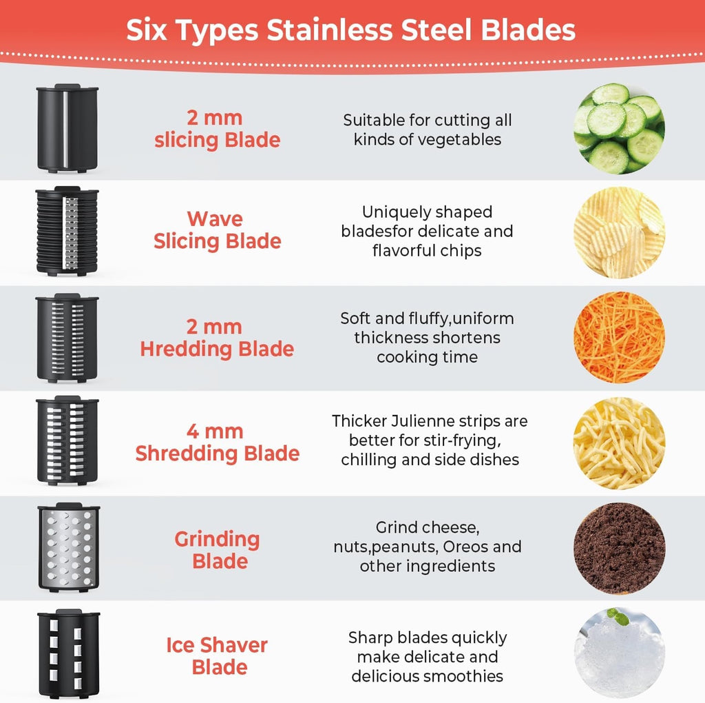 250W Electric Cheese Grater & Salad Maker with 6 Blades, Multi-Function Vegetable Slicer & Shredder for Cheese, Fruits, Nuts